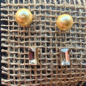 NEW Elegant Gold pearls and Crystal rectangular Studs 2 piece Earrings Set